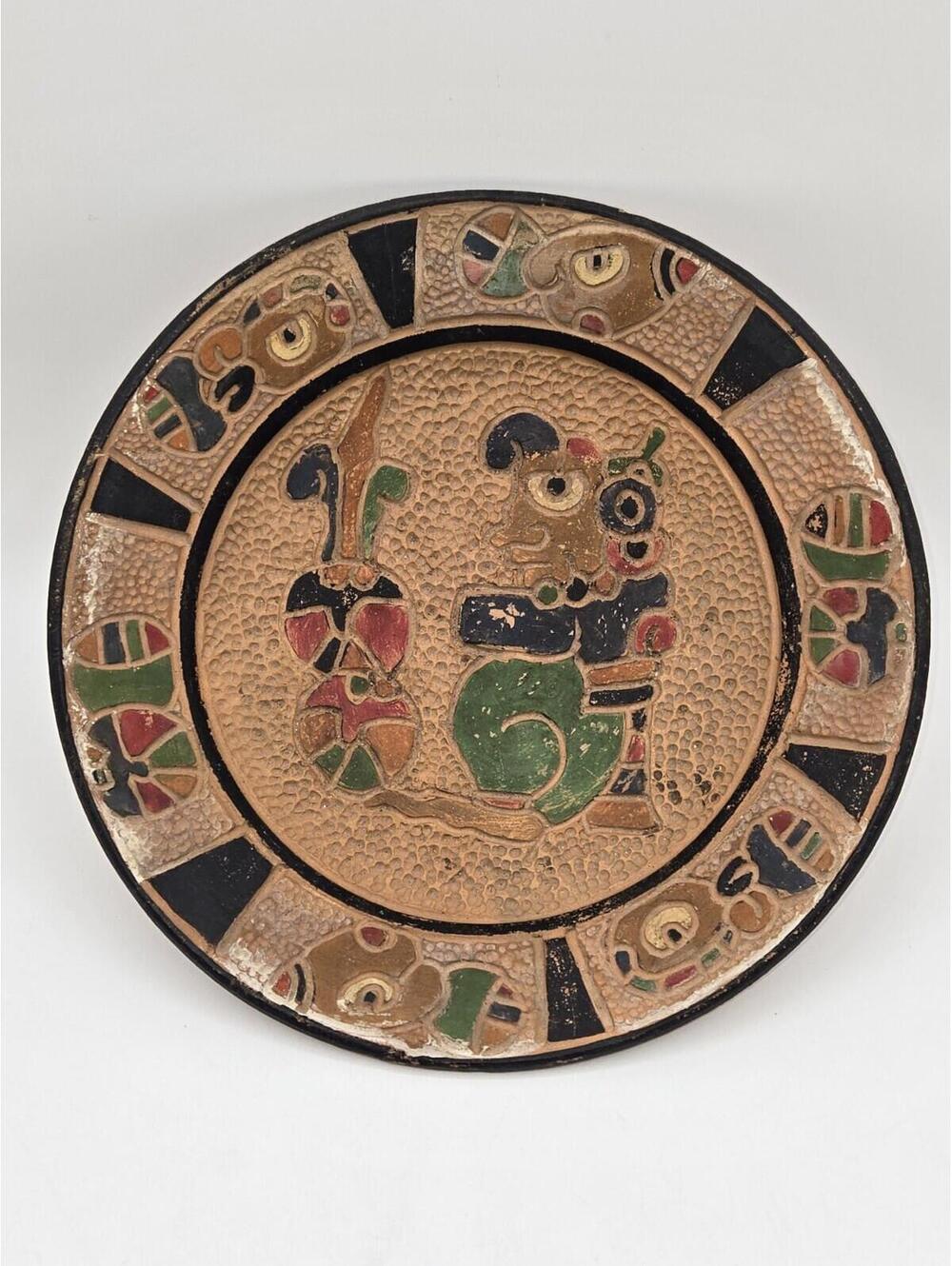 Vintage Mexican Folk Art Pottery Plate Aztec Mayan Motif Hand Painted 9.5